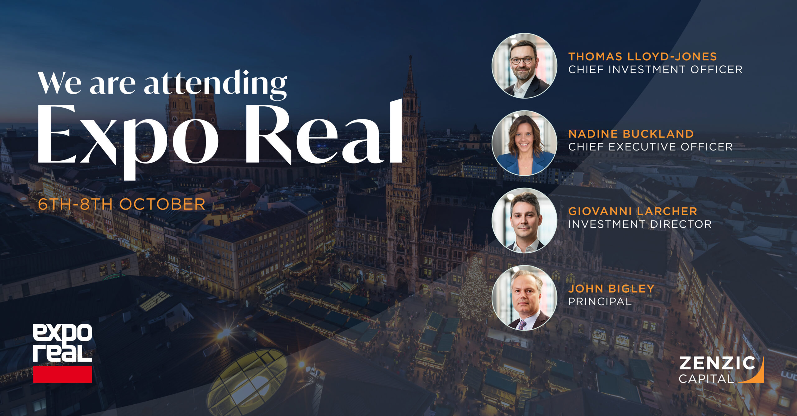 Image of key executives of Zenzic Capital saying they are attending the Expo Real conference in Munich in October 25